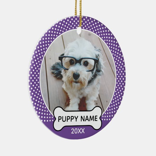 Puppy Dog kerstfoto Polka Dot Paars Keramisch Ornament (Rechts)