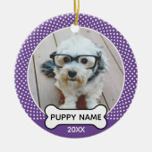 Puppy Dog kerstfoto Polka Dot Paars Keramisch Ornament (Voorkant)