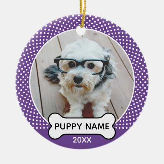 Puppy Dog kerstfoto Polka Dot Paars Keramisch Ornament (Voorkant)