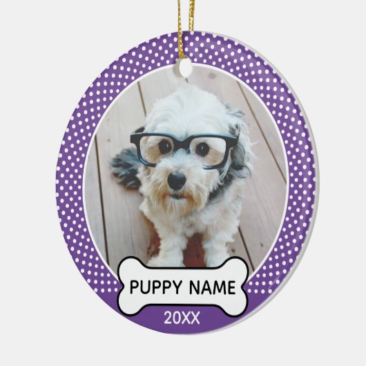 Puppy Dog kerstfoto Polka Dot Paars Keramisch Ornament (Links)