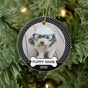 Puppy Dog Kerstmis Foto Polka Dot Black Keramisch Ornament
