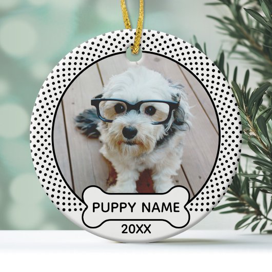 Puppy Dog Kerstmis Foto Polka Dot Black White Keramisch Ornament