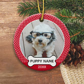 Puppy Dog Kerstmis Foto Polka Dot Red White Keramisch Ornament