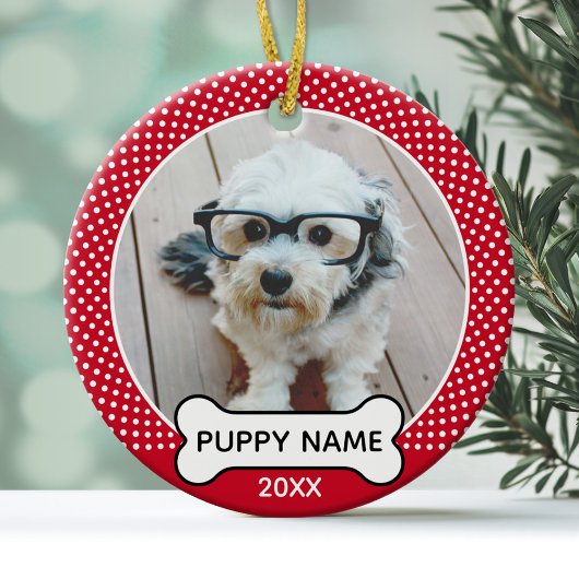 Puppy Dog Kerstmis Foto Polka Dot Red White Keramisch Ornament