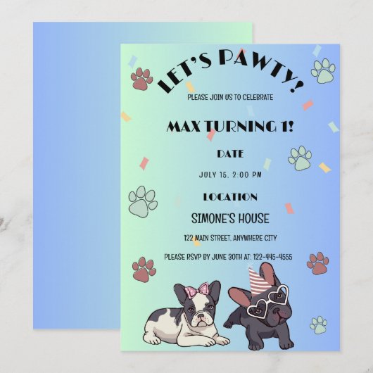Puppy Dog laat Pawty Birthday Party Invitation Kaart (Voorkant / Achterkant)