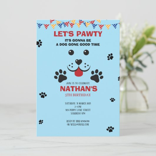 Puppy Dog Lets Pawty Verjaardag Kinderen Kaart (Staand voorkant)