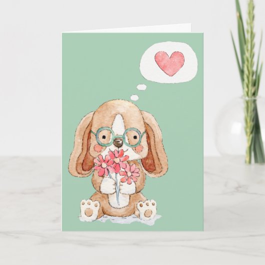 Puppy Dog met bloemen denken aan jou Kaart (Voorkant)