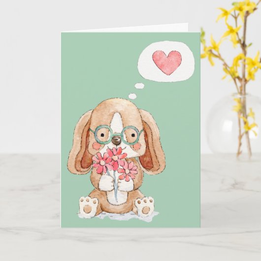 Puppy Dog met bloemen denken aan jou Kaart (Gele Bloem)