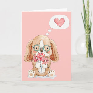 Puppy Dog met bloemen denken aan jou Kaart