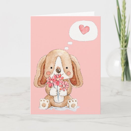 Puppy Dog met bloemen denken aan jou Kaart (Voorkant)