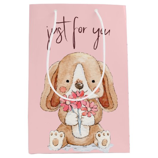 Puppy Dog met bloemen Medium Cadeauzakje (Voorkant)