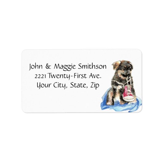Puppy Dog met het Running Shoe art Adres etiket (Voorkant)