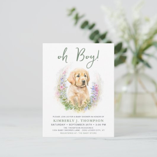 Puppy Dog Modern Sage Green Baby shower Invitation Briefkaart (Staand voorkant)