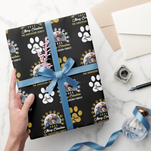 Puppy Dog Paws Black Gold Kerstfeestdag Foto Cadeaupapier (Geschenken)