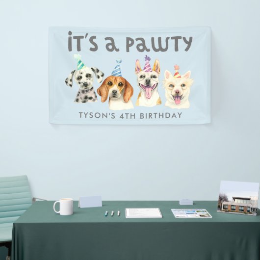 Puppy Dog Pawty Verjaardagsfeestje Waterverf Spandoek (Beurs)