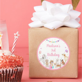 Puppy Dog Pink Girl Paw-ty Birthday Ronde Sticker