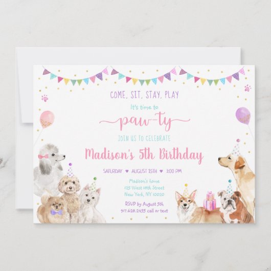 Puppy Dog Pink Gold Girl Birthday Uitnodiging (Voorkant)