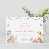 Puppy Dog Pink Gold Girl Birthday Uitnodiging (Staand voorkant)