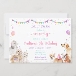 Puppy Dog Pink Gold Girl Birthday Uitnodiging