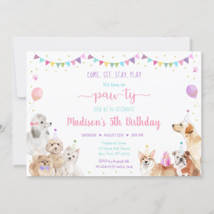 Puppy Dog Pink Gold Girl Birthday Uitnodiging