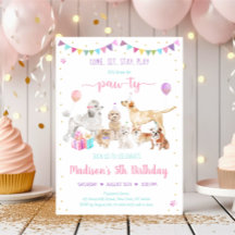 Puppy Dog Pink Gold Girl Birthday Uitnodiging