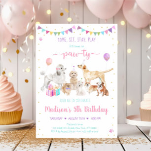 Puppy Dog Pink Gold Girl Birthday Uitnodiging
