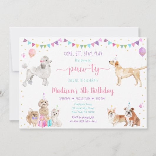Puppy Dog Pink Gold Girl Birthday Uitnodiging (Voorkant)
