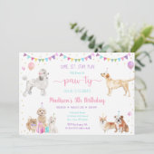 Puppy Dog Pink Gold Girl Birthday Uitnodiging (Staand voorkant)