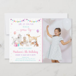 Puppy Dog Pink Gold Girl Birthday Uitnodiging