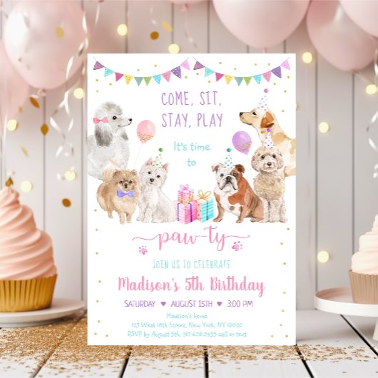 Puppy Dog Pink Gold Girl Paw-ty Birthday Kaart