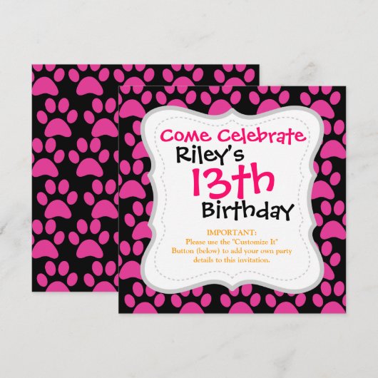 Puppy dog schildert afdrukken Hot Pink zwart Kaart (Voorkant / Achterkant)