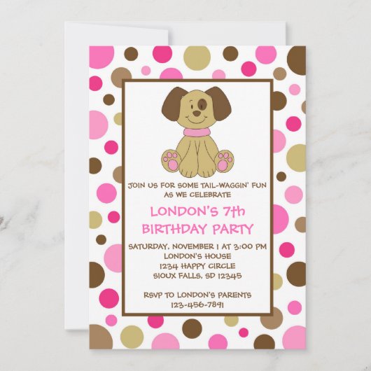 Puppy Dog Stippen Roze Birthday-uitnodigingen Kaart (Voorkant)