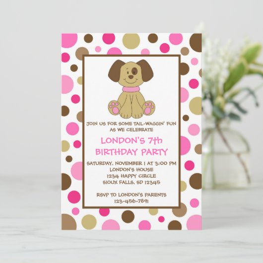 Puppy Dog Stippen Roze Birthday-uitnodigingen Kaart (Staand voorkant)