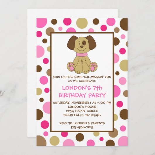 Puppy Dog Stippen Roze Birthday-uitnodigingen Kaart (Voorkant / Achterkant)