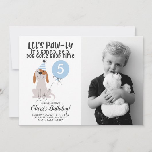 Puppy Dog Theme Birthday Party Blue Photo Kaart (Voorkant)