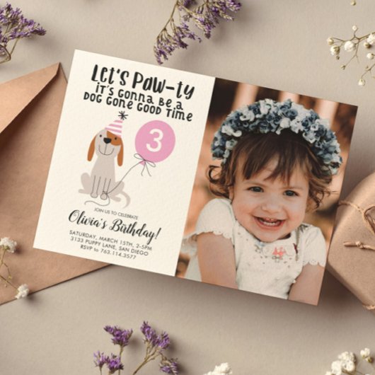 Puppy Dog Theme Birthday Party Roze Foto Kaart