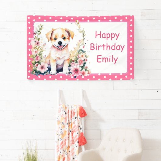 Puppy Dog Theme Gepersonaliseerde Verjaardag Spandoek (Insitu)