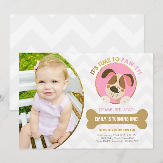 Puppy dog-uitnodiging roze en Gold Paw-ty Kaart (Voorkant / Achterkant)