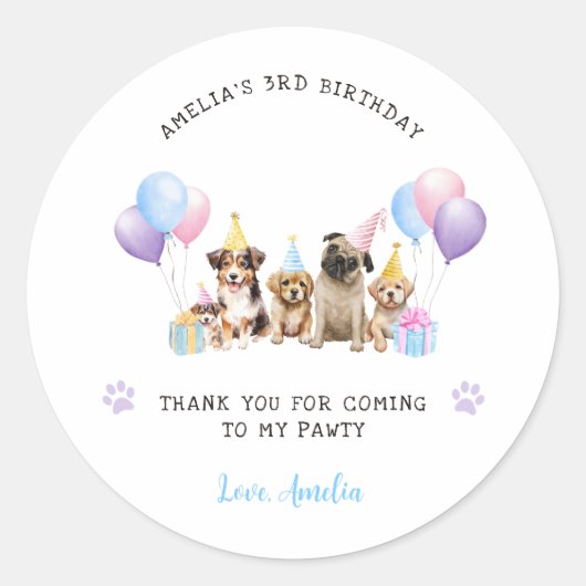 Puppy Dog Verjaardag Party Waterverf Ronde Sticker (Voorkant)