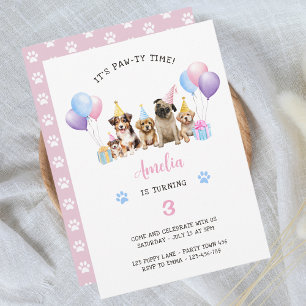 Puppy Dog Verjaardagsfeest Roze Waterverf Kaart
