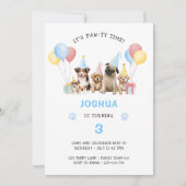 Puppy Dog Verjaardagsfeestje Blauwe Waterverf Kaart (Voorkant)