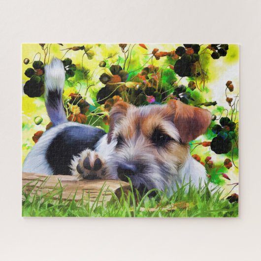 Puppy Dog voor speelterger in grass Foto Legpuzzel (Horizontaal)
