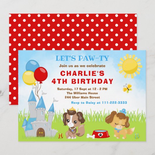 Puppy Dogs Castle Blue Birthday Party Invitation Kaart (Voorkant / Achterkant)