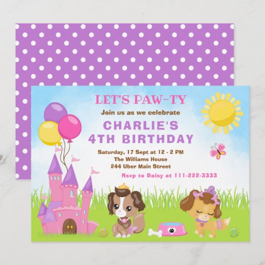 Puppy Dogs Castle Pink Birthday Party Invitation Kaart (Voorkant / Achterkant)