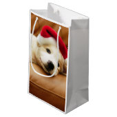 Puppy draagt een pet voor kerstmis en ligt op sofa klein cadeauzakje (Achterkant Gekanteld)