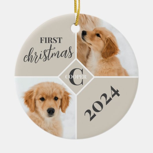 Puppy Eerste Kerstmis 2 Foto Keramisch Ornament (Voorkant)