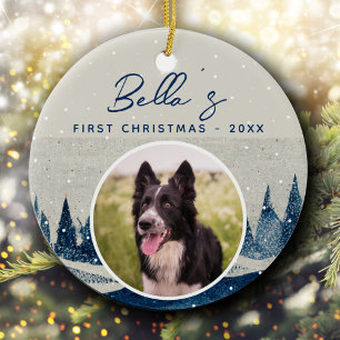 Puppy Eerste Kerstmis Winter Woud Hond Foto Keramisch Ornament