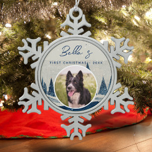 Puppy Eerste Kerstmis Winter Woud Hond Foto Tin Sneeuwvlok Ornament