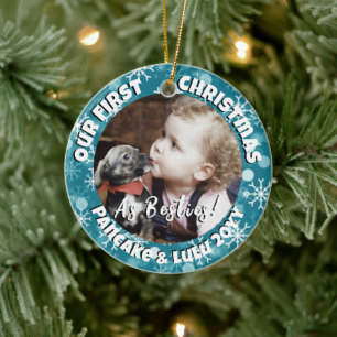 Puppy en baby's 1e kerstfoto blauwe sneeuw keramisch ornament