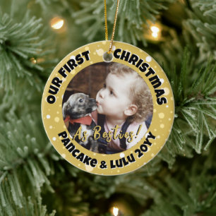 Puppy en Baby's 1e Kerstfoto Gold Border Keramisch Ornament